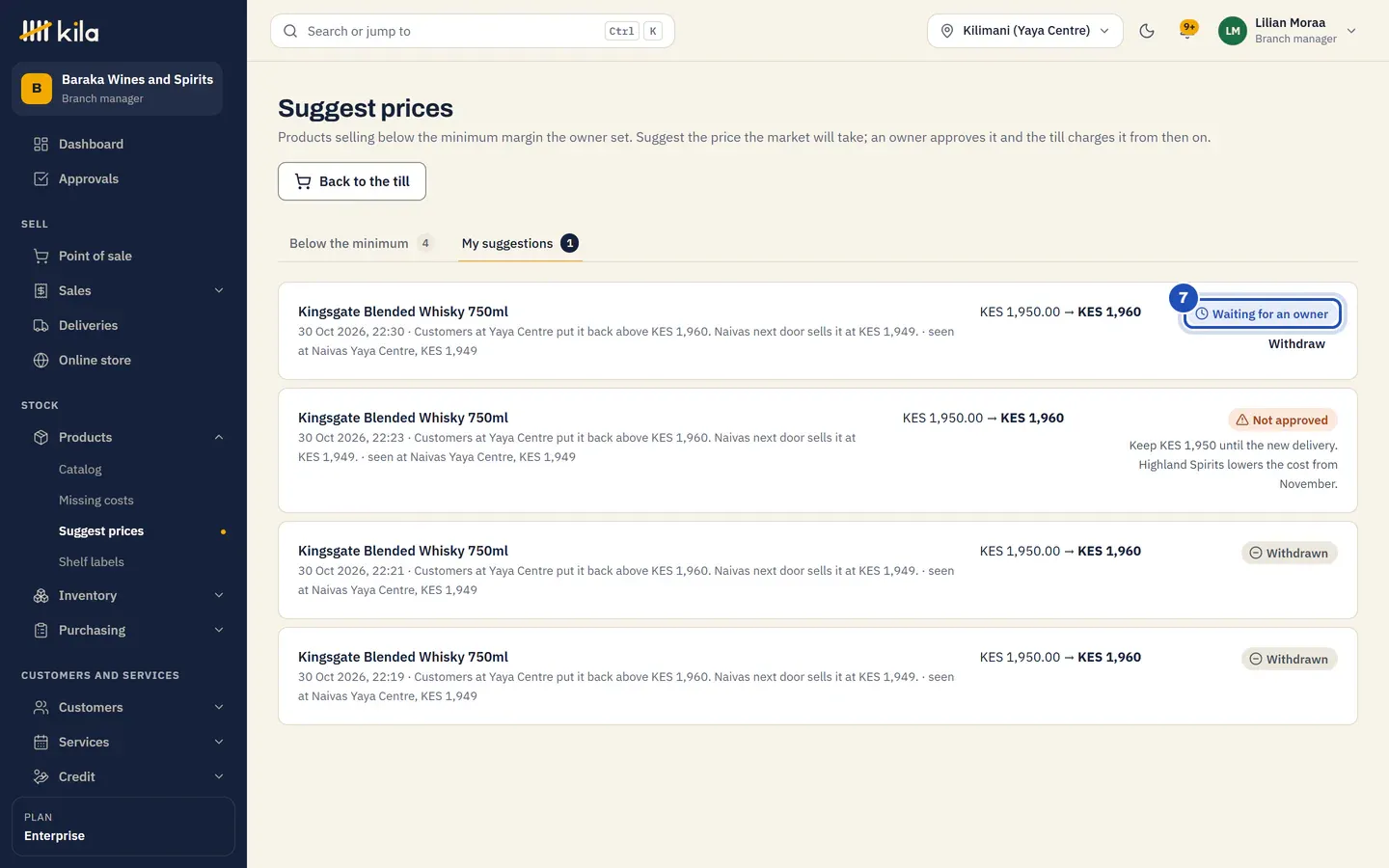 My suggestions: Kingsgate Blended Whisky 750ml, KES 1,950.00 to KES 1,960, with the reason and where the price was seen, and Waiting for an owner (7) with Withdraw.