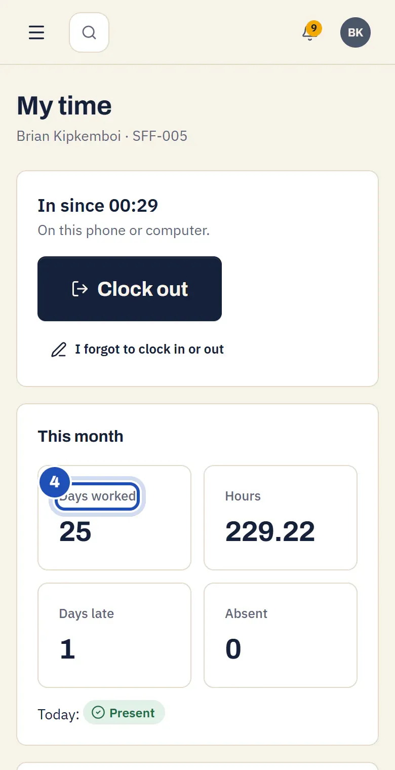 This month for Brian Kipkemboi: 24 days worked, 228.42 hours, 1 day late, none absent, with Days worked marked 4.