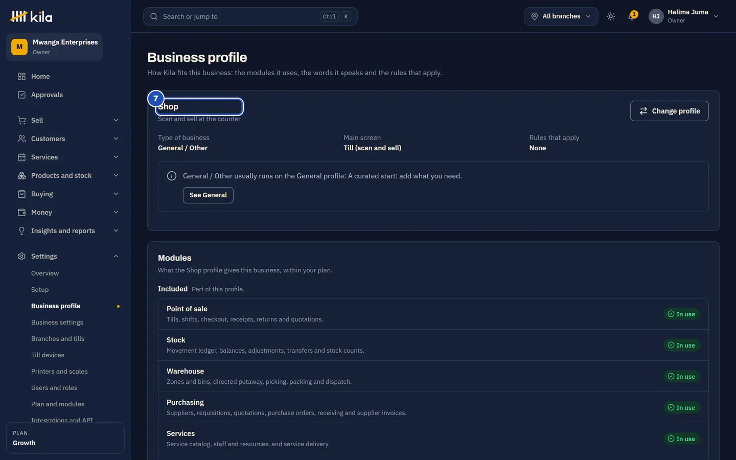 Business profile after the move: Shop, Scan and sell at the counter (7), with Type of business General / Other, Main screen Till (scan and sell), and the note General / Other usually runs on the General profile, with See General.