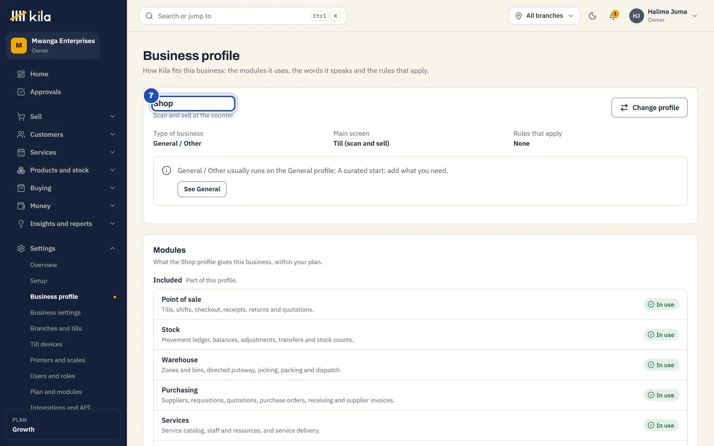 Business profile after the move: Shop, Scan and sell at the counter (7), with Type of business General / Other, Main screen Till (scan and sell), and the note General / Other usually runs on the General profile, with See General.