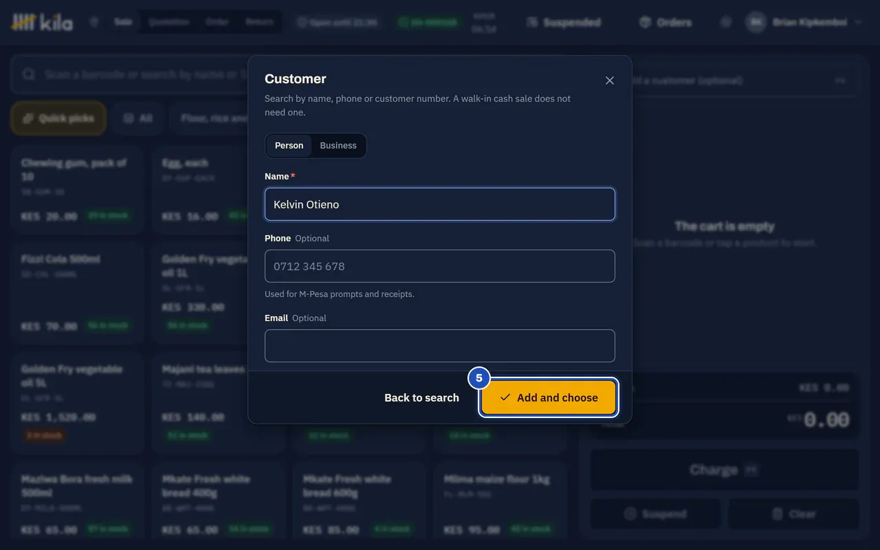 Add a new customer: Person chosen, the name Kelvin Otieno filled in from the search, Phone and Email empty, and Add and choose (5).