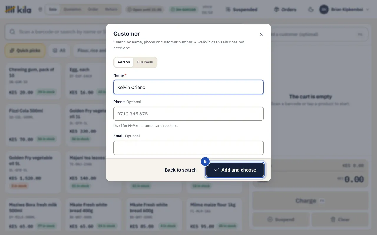 Add a new customer: Person chosen, the name Kelvin Otieno filled in from the search, Phone and Email empty, and Add and choose (5).