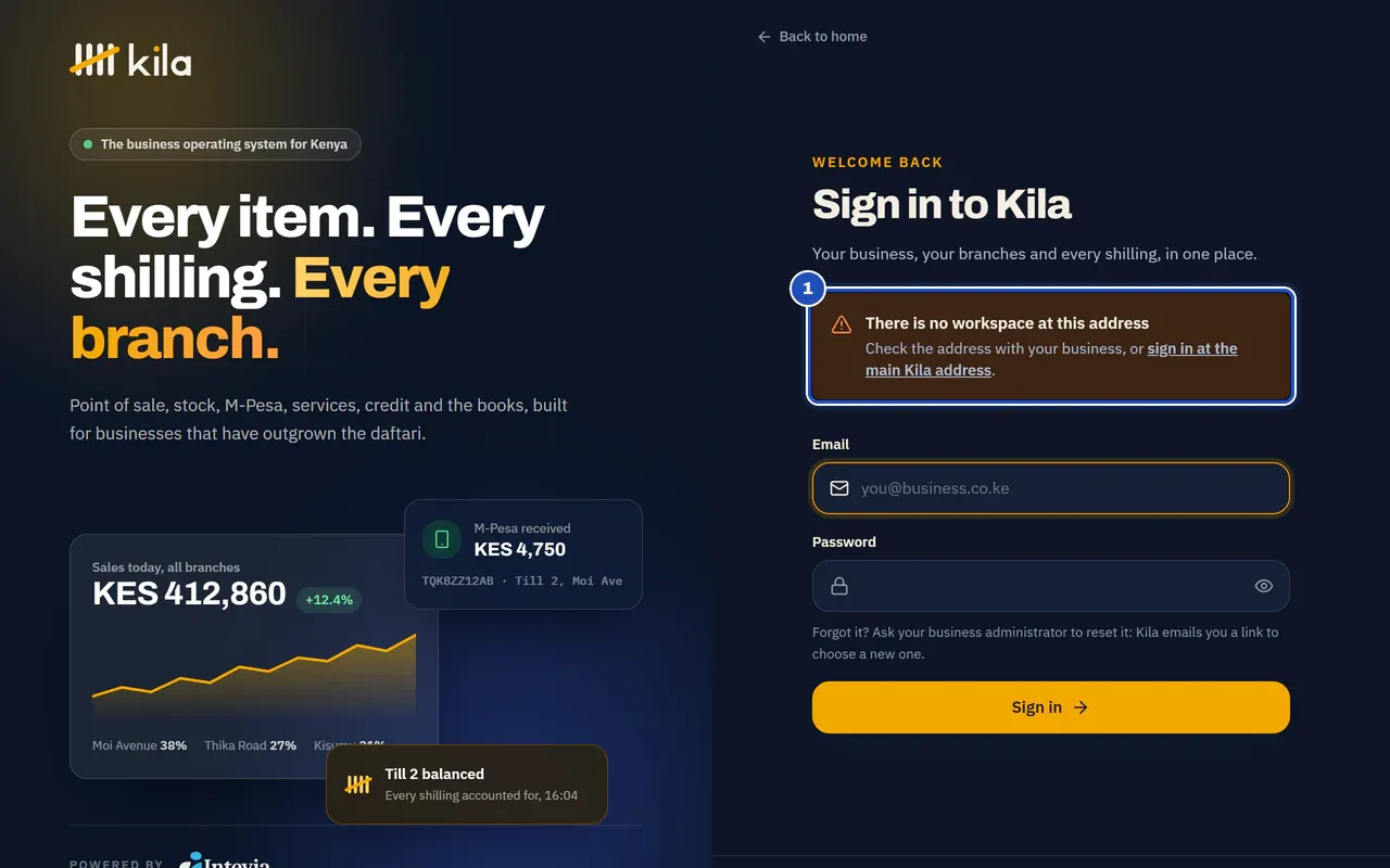 The sign-in page at a mistyped address: There is no workspace at this address. Check the address with your business, or sign in at the main Kila address (1).