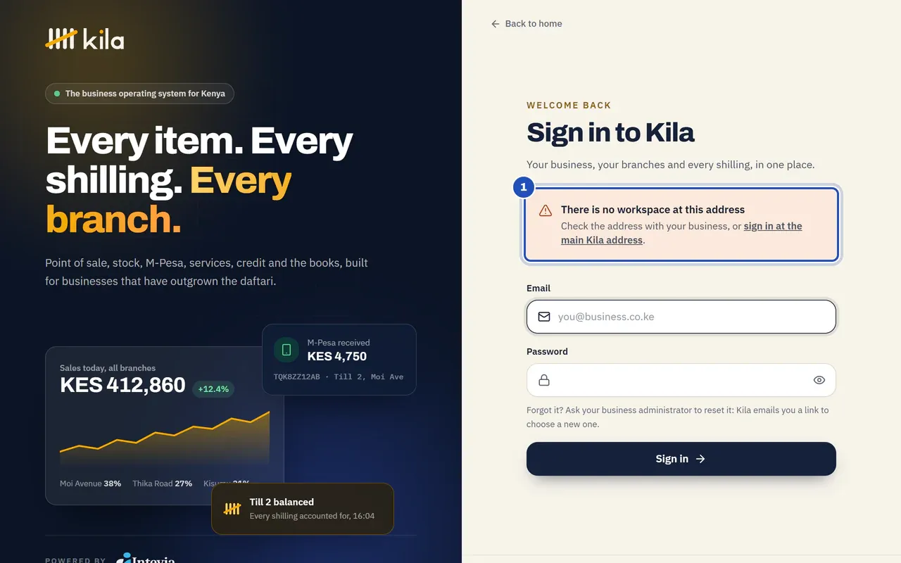 The sign-in page at a mistyped address: There is no workspace at this address. Check the address with your business, or sign in at the main Kila address (1).