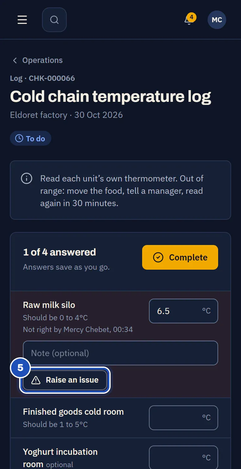 The raw milk silo read at 6.5°C: Not right, with Raise an issue marked 5.