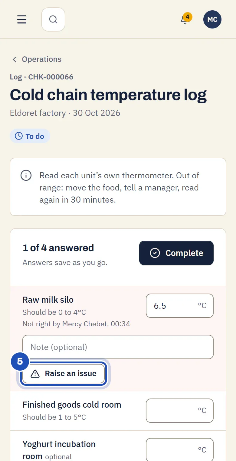 The raw milk silo read at 6.5°C: Not right, with Raise an issue marked 5.
