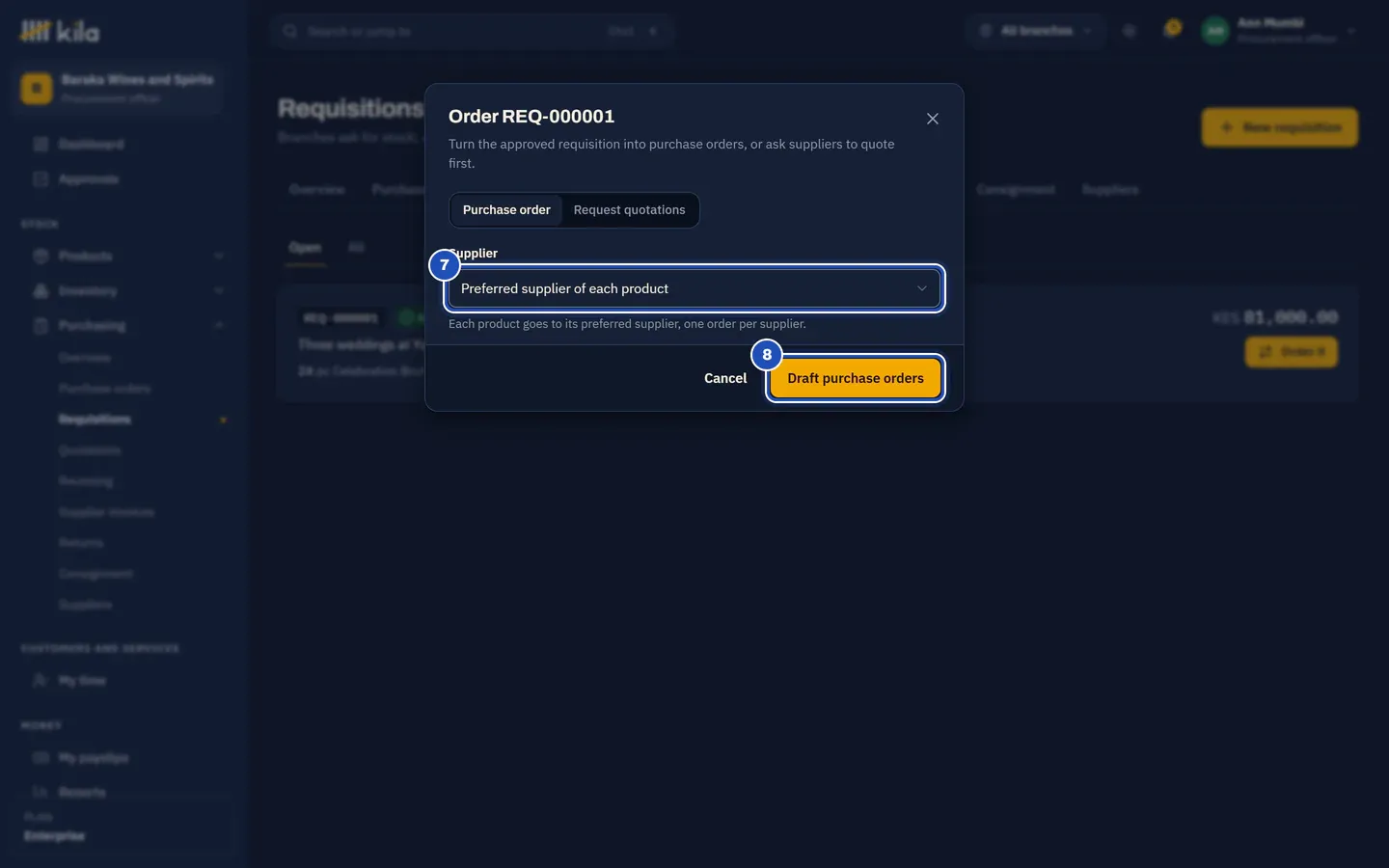 Order REQ-000001: Purchase order chosen, the supplier left at Preferred supplier of each product (7), and Draft purchase orders (8).