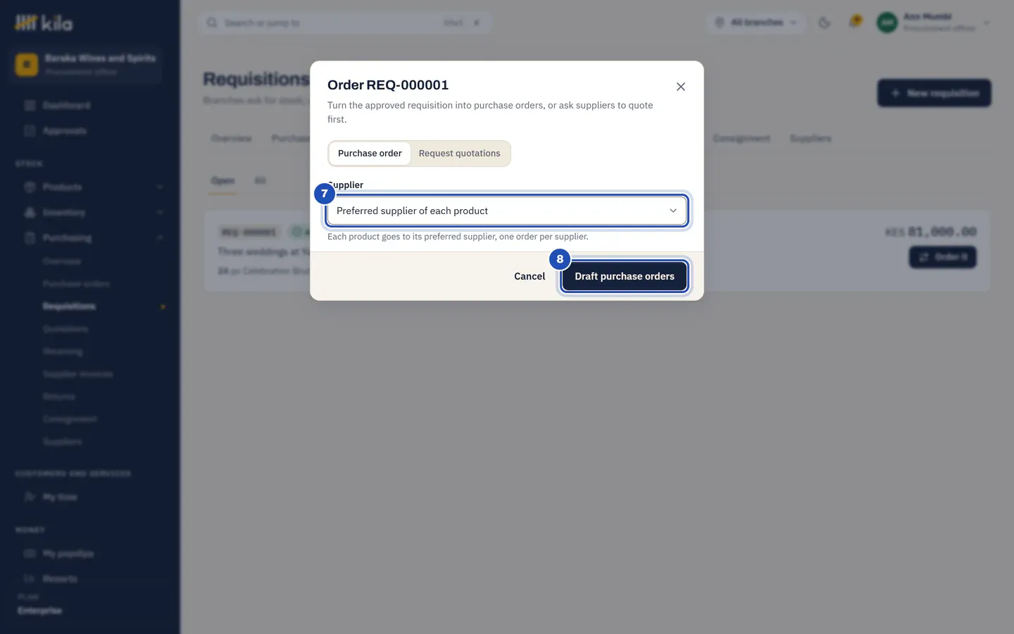 Order REQ-000001: Purchase order chosen, the supplier left at Preferred supplier of each product (7), and Draft purchase orders (8).