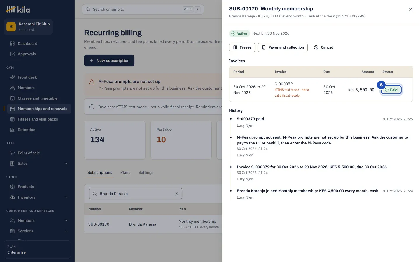 The same membership: the invoice for KES 5,500.00 is now Paid, marked 6, and the history starts with the invoice paid.