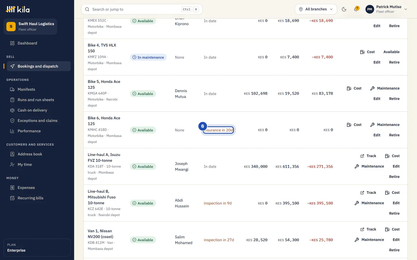 The new bike on the Vehicles tab, Available, with insurance in 20d under Papers, marked 6.