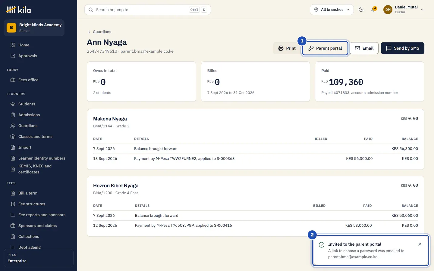 Ann Nyaga's page at Bright Minds Academy, with her children and their fee statement: Parent portal (1), and Kila saying Invited to the parent portal, a link to choose a password was emailed to her (2).