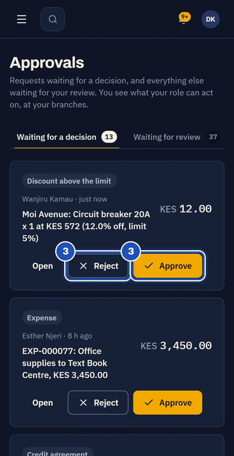 Approvals on a phone: a Discount above the limit for a circuit breaker at 12% off, from Wanjiru Kamau just now, with Reject and Approve marked 3.