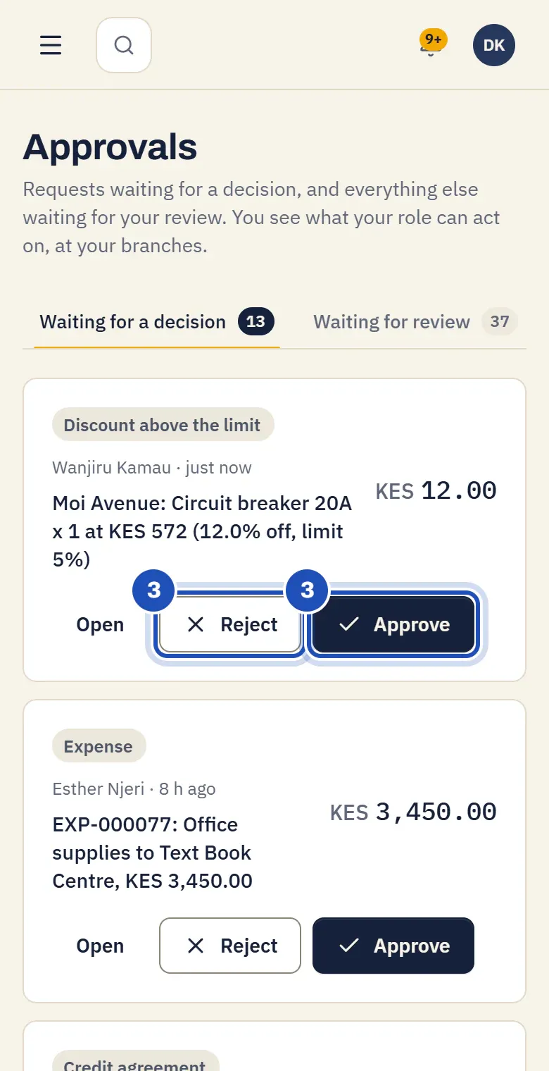 Approvals on a phone: a Discount above the limit for a circuit breaker at 12% off, from Wanjiru Kamau just now, with Reject and Approve marked 3.