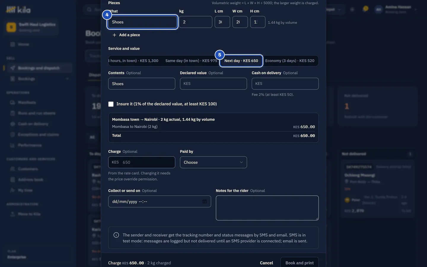 The parcel's piece, Shoes, 2 kg and 30 by 20 by 12 cm, 1.44 kg by volume (4), and the service levels with their prices, Next day at KES 650 chosen (5). The price box shows Mombasa town to Nairobi, KES 650.00.