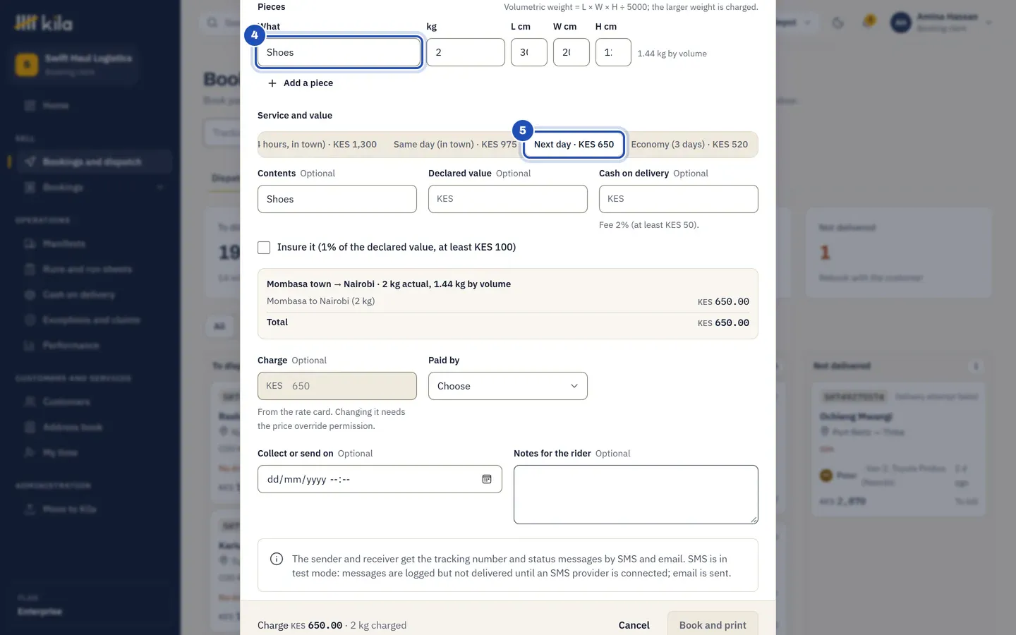 The parcel's piece, Shoes, 2 kg and 30 by 20 by 12 cm, 1.44 kg by volume (4), and the service levels with their prices, Next day at KES 650 chosen (5). The price box shows Mombasa town to Nairobi, KES 650.00.