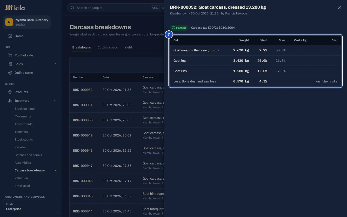 The posted breakdown of a 13.200 kg goat with its carcass tag: goat meat on the bone 7.620 kg, 57.7% against 58.0%, goat leg 3.430 kg, 26.0% against 26.0%, goat ribs 1.580 kg, 12.0% against 12.0%, and the loss, bone dust and saw loss, 0.570 kg, 4.3%, on the cuts (7).