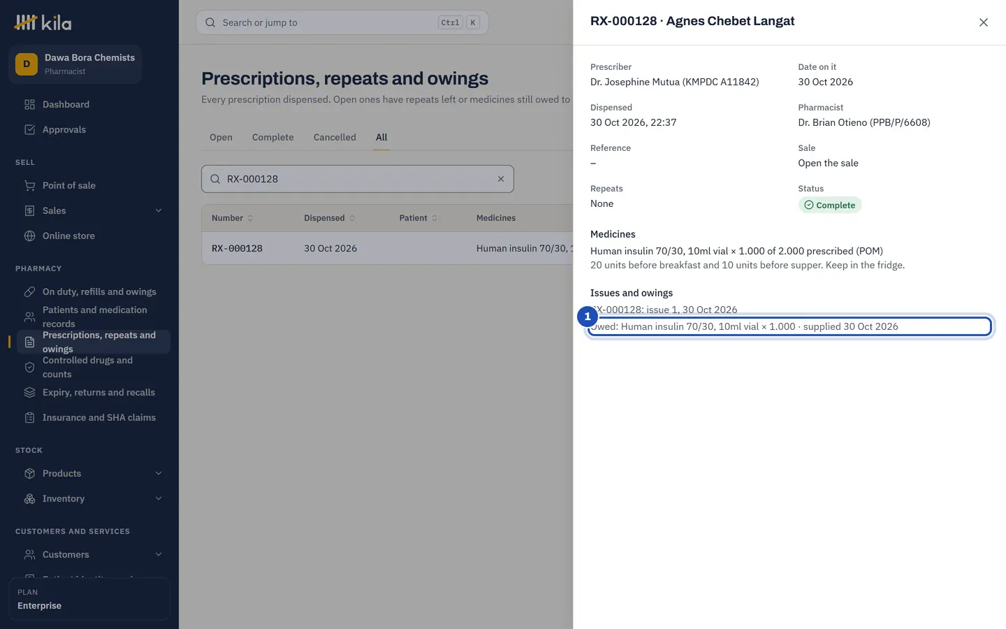 Prescriptions, repeats and owings: Agnes Chebet Langat's prescription from Dr. Josephine Mutua, insulin 1 of 2 prescribed, and under Issues and owings the owed vial supplied the same day (1).