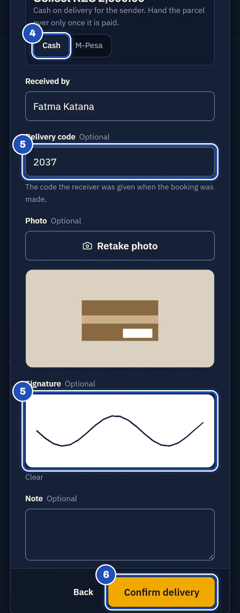 Proof of delivery on the phone: Cash chosen for the cash on delivery (4), Received by Fatma Katana, the delivery code typed and the receiver's signature (5), a photo of the parcel, and Confirm delivery (6).