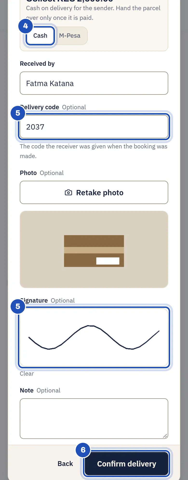 Proof of delivery on the phone: Cash chosen for the cash on delivery (4), Received by Fatma Katana, the delivery code typed and the receiver's signature (5), a photo of the parcel, and Confirm delivery (6).