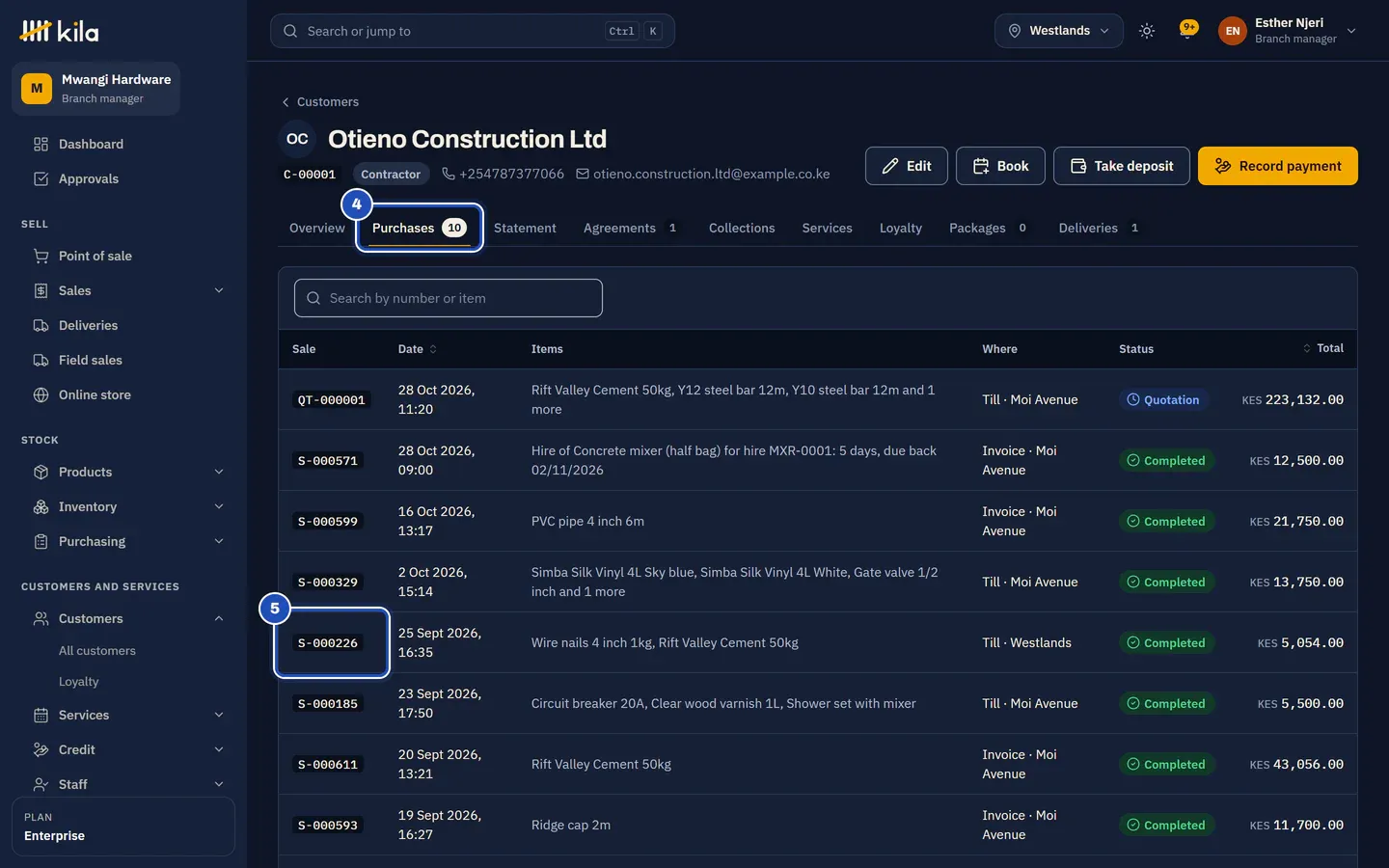 The Purchases tab (4) for Otieno Construction Ltd: quotations and completed sales at Moi Avenue and Westlands. Sale S-000226 at the Westlands till is marked 5.