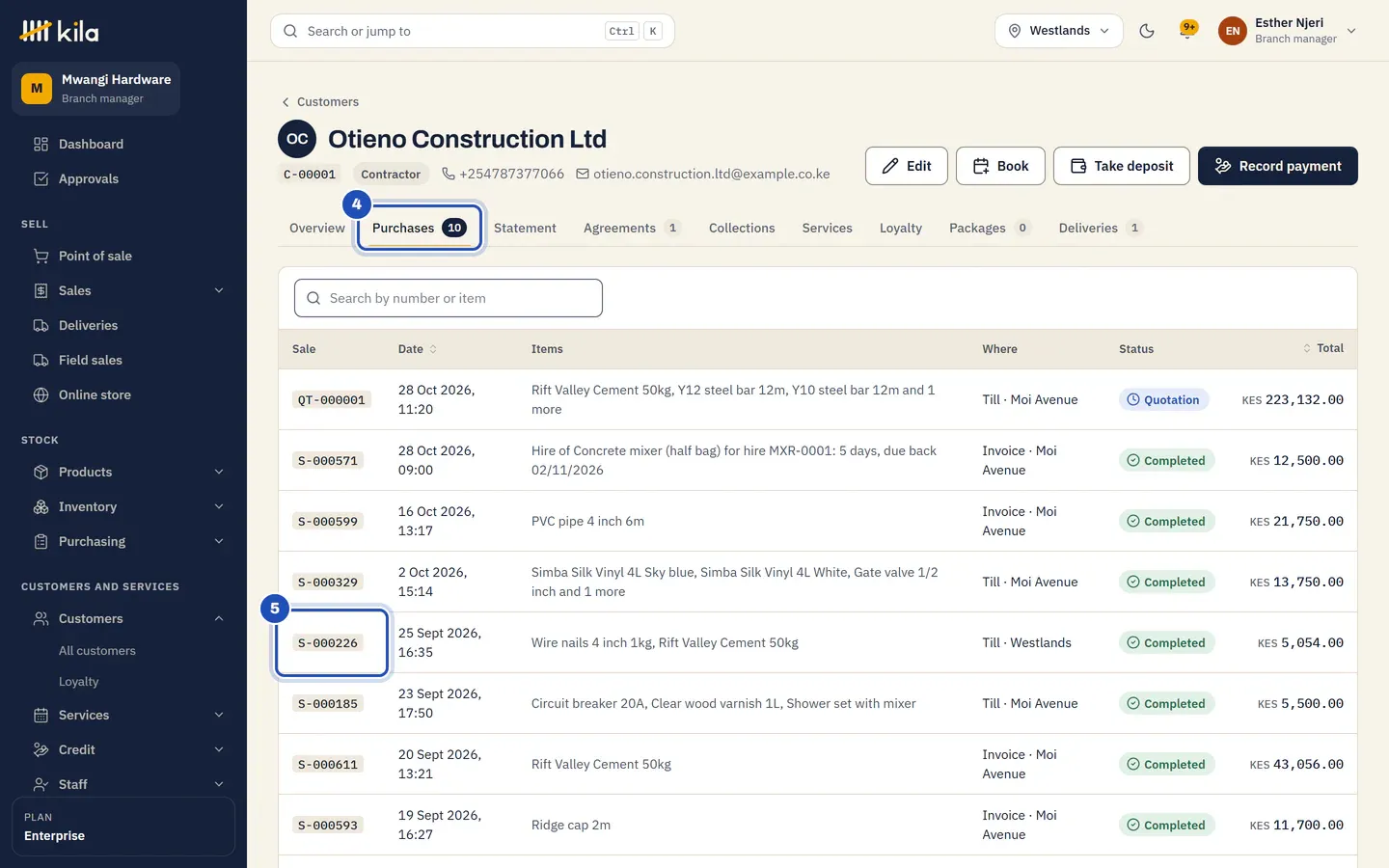 The Purchases tab (4) for Otieno Construction Ltd: quotations and completed sales at Moi Avenue and Westlands. Sale S-000226 at the Westlands till is marked 5.