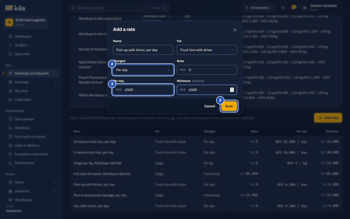 Add a rate: Pick-up with driver, per day, for Truck hire with driver, charged Per day (2), KES 6,500 a day and Save (3).