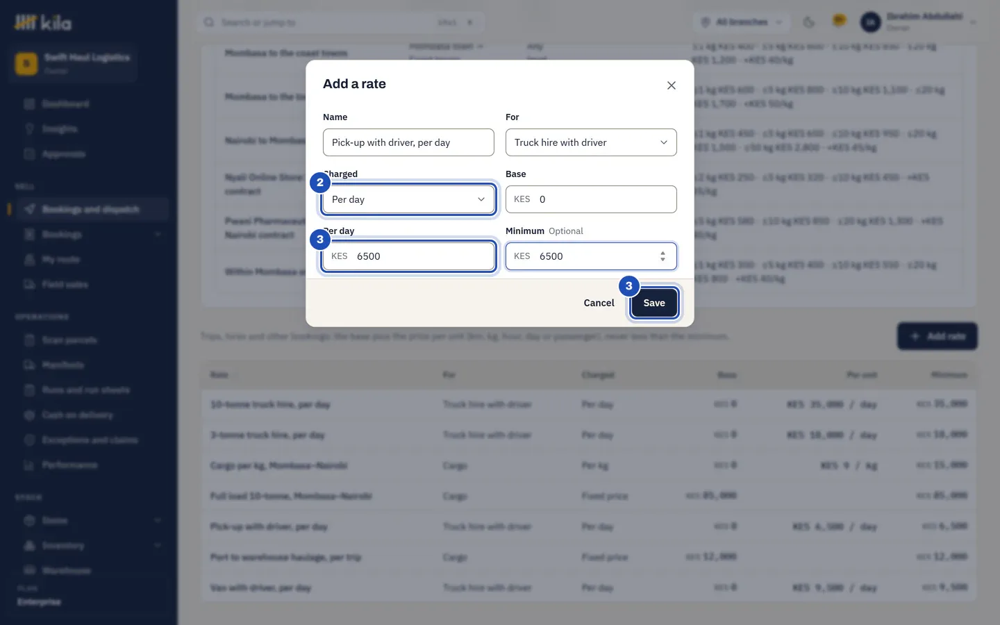 Add a rate: Pick-up with driver, per day, for Truck hire with driver, charged Per day (2), KES 6,500 a day and Save (3).