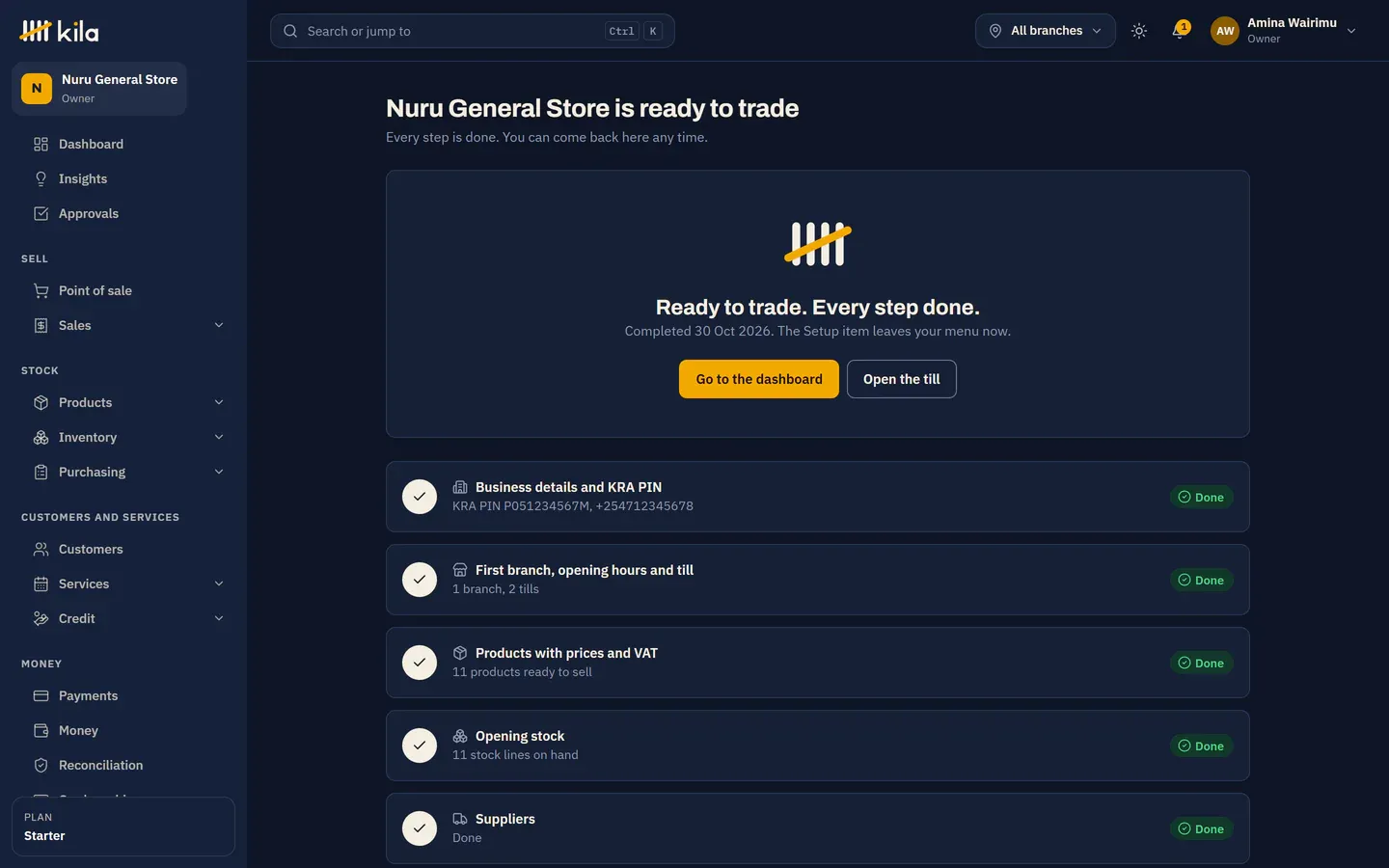 Nuru General Store is ready to trade: Ready to trade. Every step done, with Go to the dashboard and Open the till, and every step marked Done.