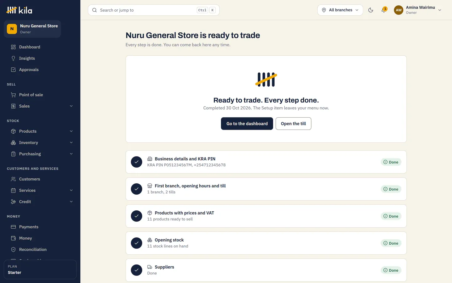 Nuru General Store is ready to trade: Ready to trade. Every step done, with Go to the dashboard and Open the till, and every step marked Done.