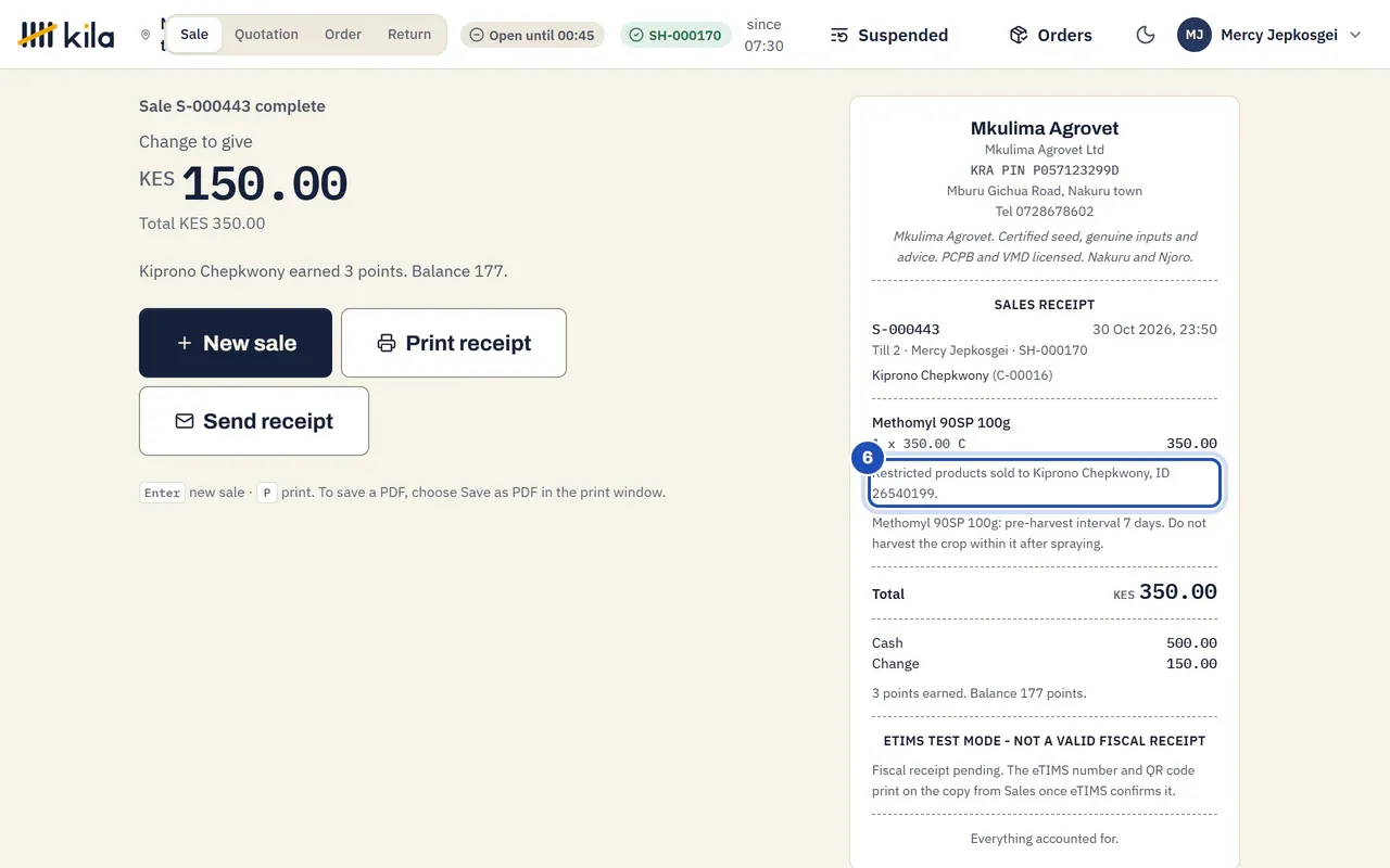 The sale is complete: the receipt says Restricted products sold to Kiprono Chepkwony, ID 26540199 (6), then the pre-harvest interval of Methomyl, 7 days.