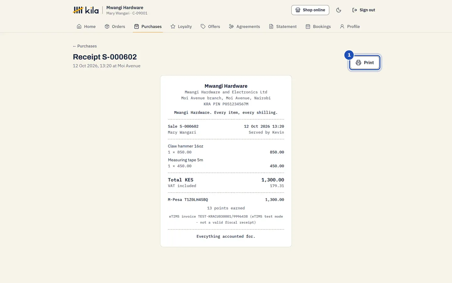 A receipt in the portal: the business's name, branch and KRA PIN, each item with its price, the total with VAT included, how it was paid, and Print marked 1.