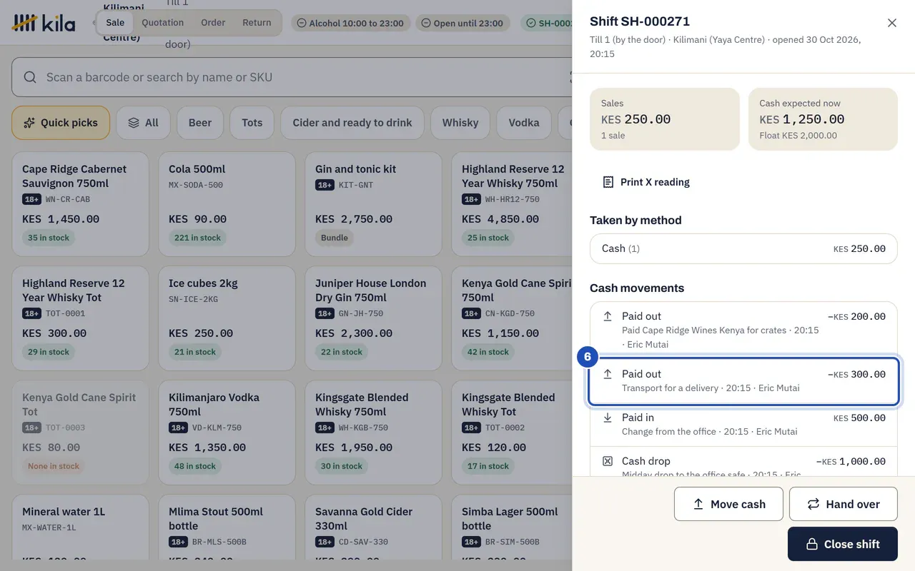 The shift panel after the moves: cash expected now KES 1,250.00. Cash movements lists Paid out KES 200.00 to Cape Ridge Wines Kenya, Paid out KES 300.00 for Transport for a delivery (marked 6), Paid in KES 500.00 and a Cash drop of KES 1,000.00, each with the time and Eric Mutai.