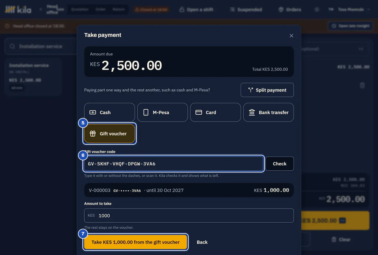 Take payment for KES 2,500.00: Gift voucher chosen (5), the code typed (6), the voucher V-000001 valid until 30 Oct 2027 with KES 1,000.00 on it, Amount to take KES 1,000, and Take KES 1,000.00 from the gift voucher (7).