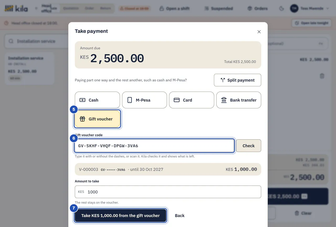 Take payment for KES 2,500.00: Gift voucher chosen (5), the code typed (6), the voucher V-000001 valid until 30 Oct 2027 with KES 1,000.00 on it, Amount to take KES 1,000, and Take KES 1,000.00 from the gift voucher (7).