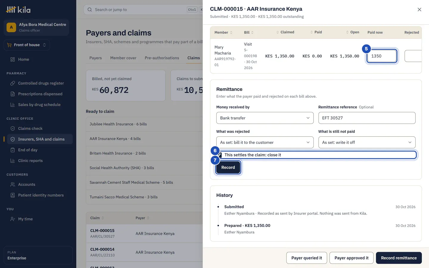 The remittance for the claim to AAR Insurance Kenya: KES 1,350 paid on the bill (5), received by bank transfer with its reference, This settles the claim: close it ticked (6), and Record (7). What was rejected is billed to the patient and what is still not paid is written off, as the business set.