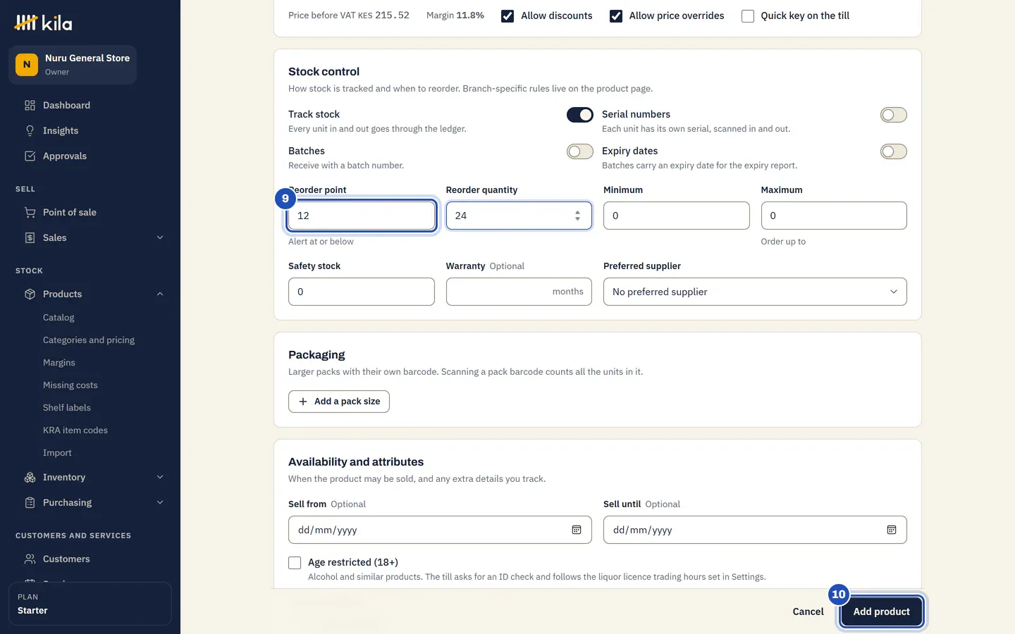 Stock control with Track stock on: the reorder point (9), and Add product at the bottom (10).