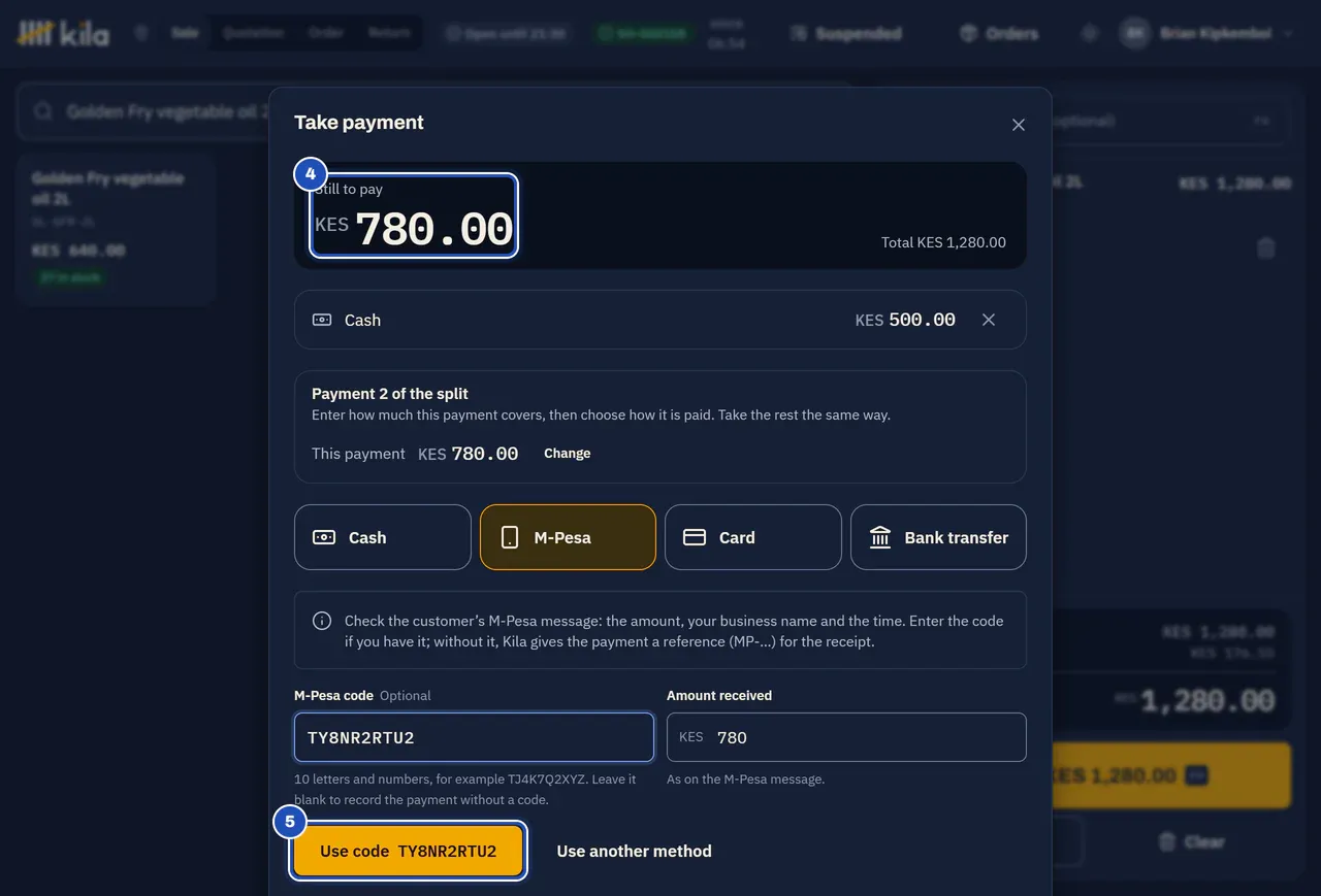 Payment 2 of the split: KES 780.00 still to pay (4) after KES 500.00 in cash, M-Pesa chosen with the code and the amount received of KES 780, and Use code (5).