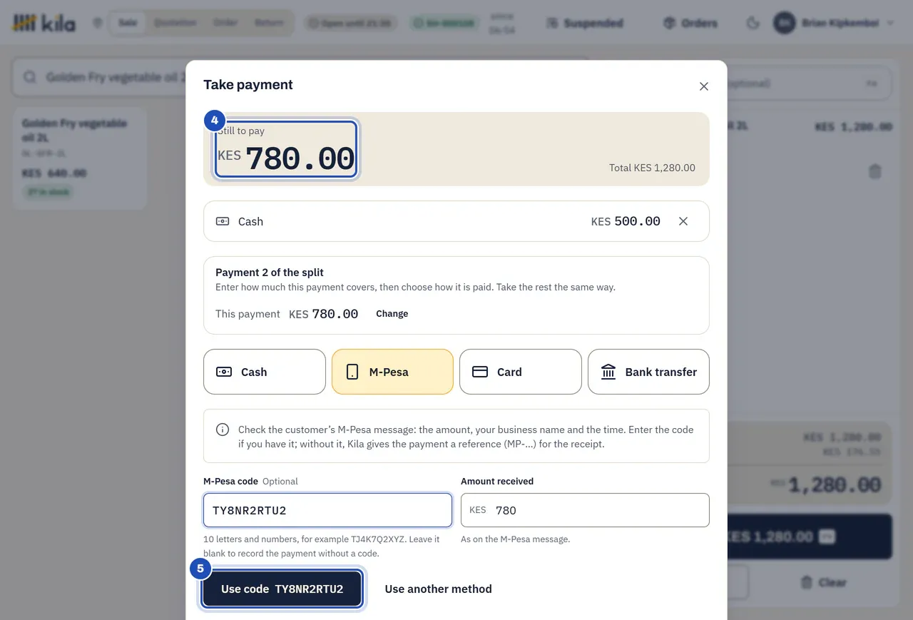 Payment 2 of the split: KES 780.00 still to pay (4) after KES 500.00 in cash, M-Pesa chosen with the code and the amount received of KES 780, and Use code (5).