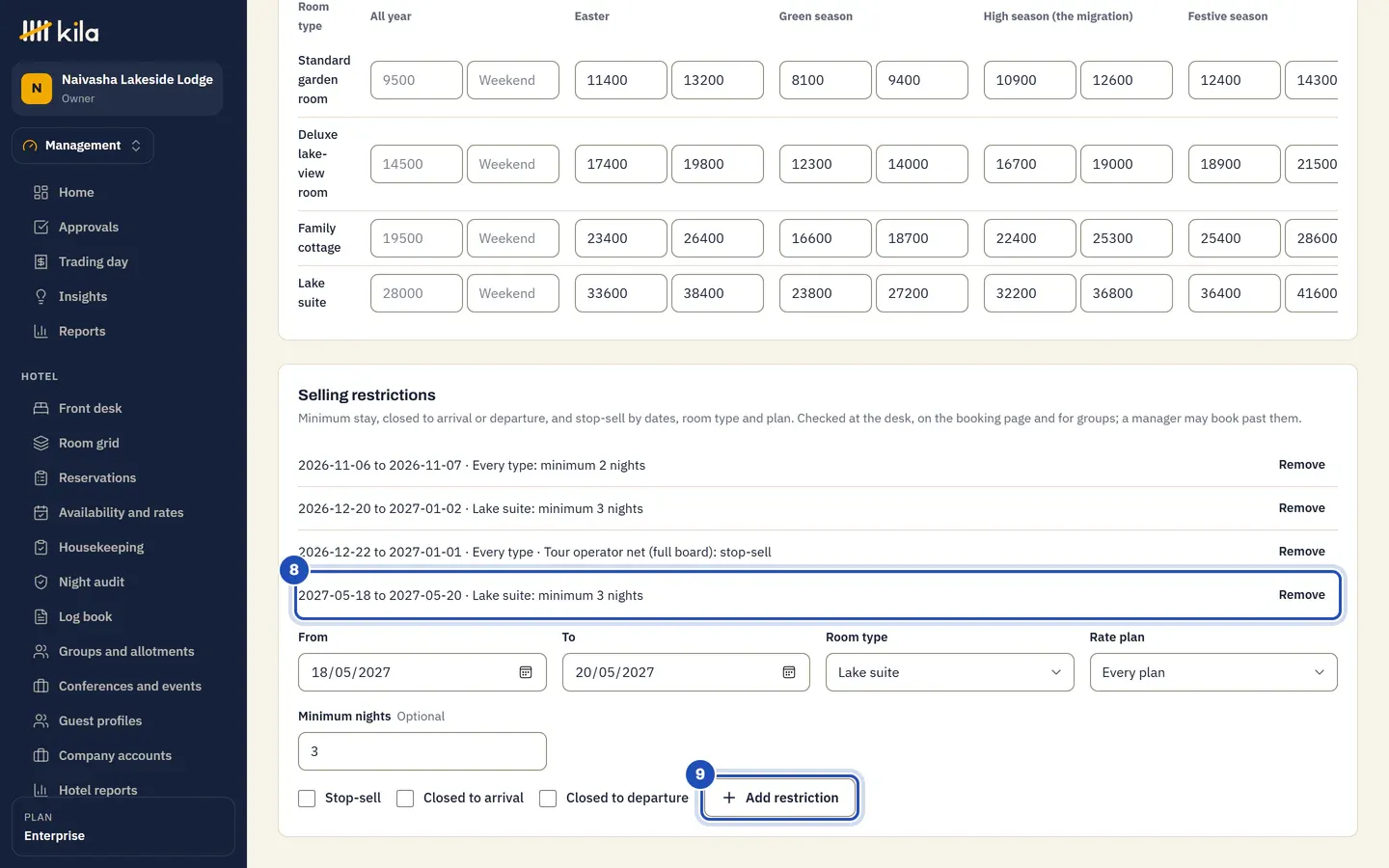 Selling restrictions at the lodge: a three-night minimum on the Lake suite added (8) under the lodge's others, and the form with Add restriction (9).