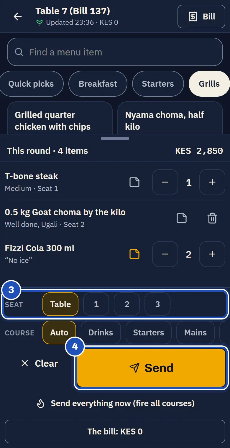 This round · 4 items, KES 2,850: T-bone steak Medium · Seat 1, 0.5 kg Goat choma by the kilo Well done, Ugali · Seat 2, and two Fizzi Cola with the note No ice. The Seat row is marked 3 and Send is marked 4.