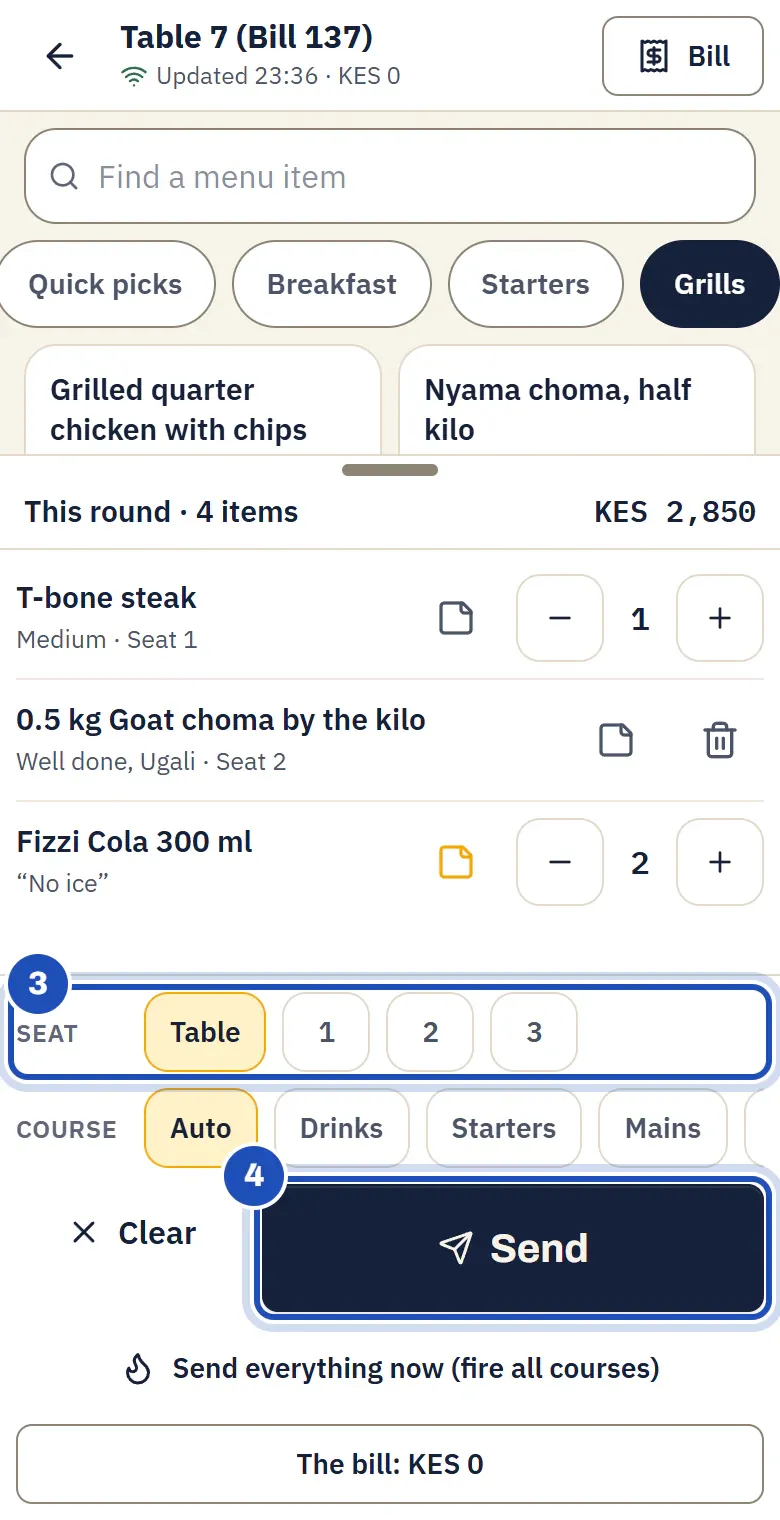 This round · 4 items, KES 2,850: T-bone steak Medium · Seat 1, 0.5 kg Goat choma by the kilo Well done, Ugali · Seat 2, and two Fizzi Cola with the note No ice. The Seat row is marked 3 and Send is marked 4.