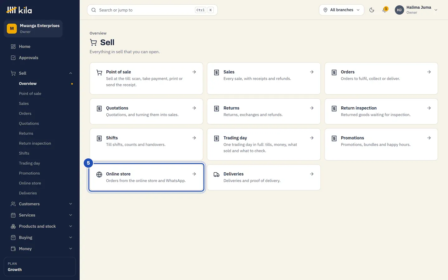 The Sell overview after Online shop is switched on: Online store (5) and Deliveries, after Point of sale, Sales, Orders, Quotations and the rest.