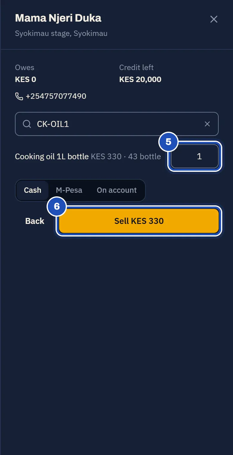 Sell from the van: one cooking oil 1L bottle at KES 320, with 46 on the van (5), Cash chosen, and Sell KES 320 marked 6.