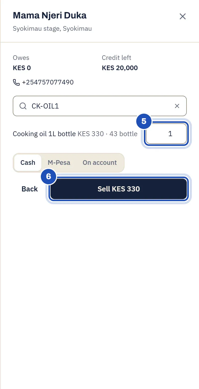 Sell from the van: one cooking oil 1L bottle at KES 320, with 46 on the van (5), Cash chosen, and Sell KES 320 marked 6.