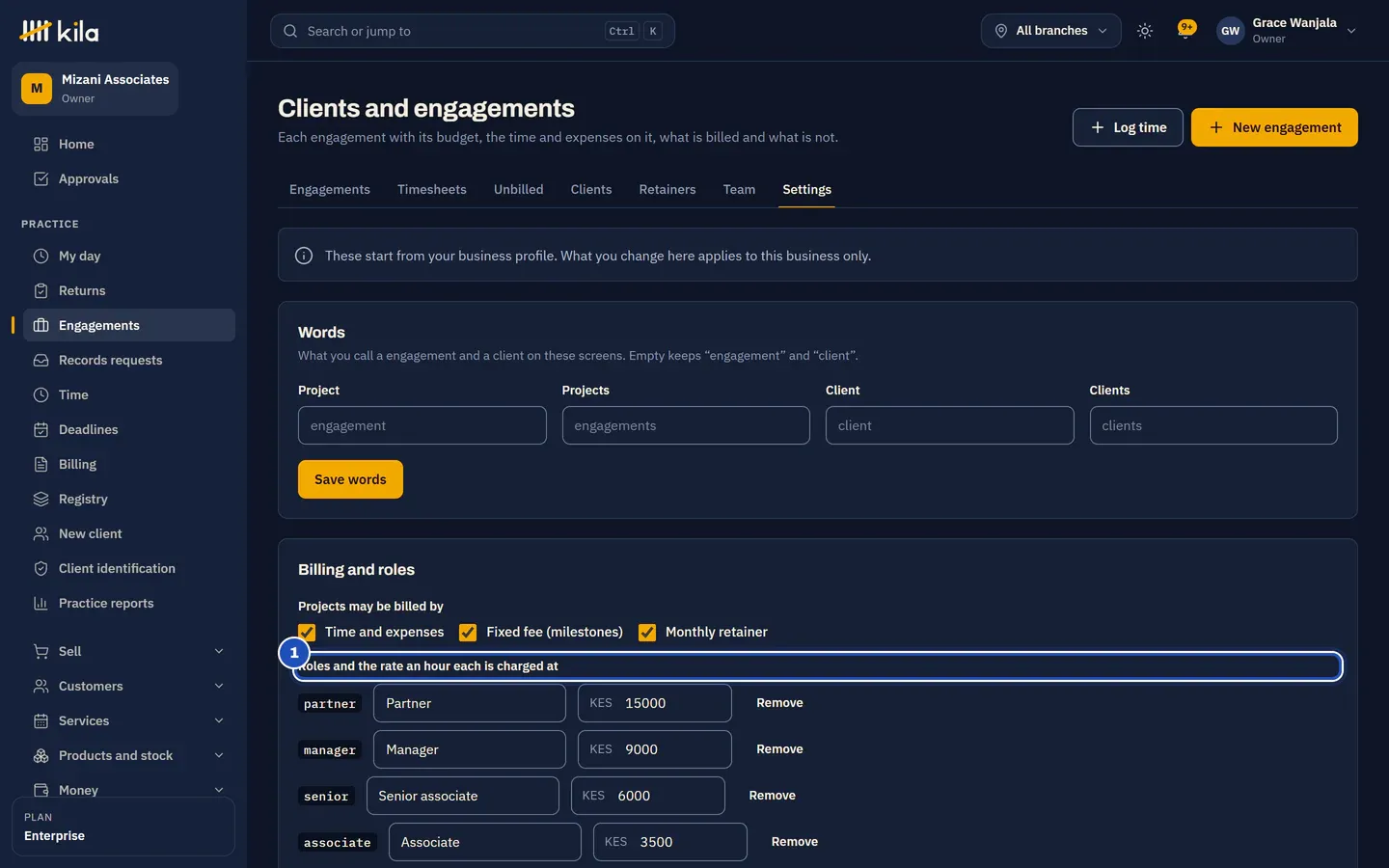 The Settings tab, seen by the owner: billing by time and expenses, fixed fee and monthly retainer, and Roles and the rate an hour each is charged at (1): partner KES 15,000, manager KES 9,000, senior associate KES 6,000 and associate KES 3,500.