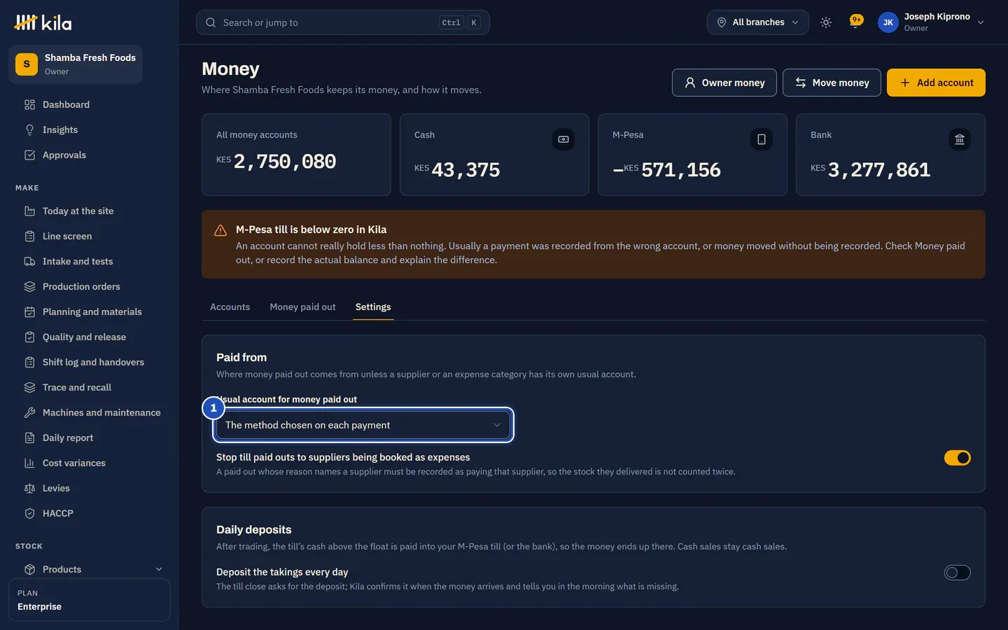 Money settings: Usual account for money paid out (1), and the switch for till paid outs to suppliers.