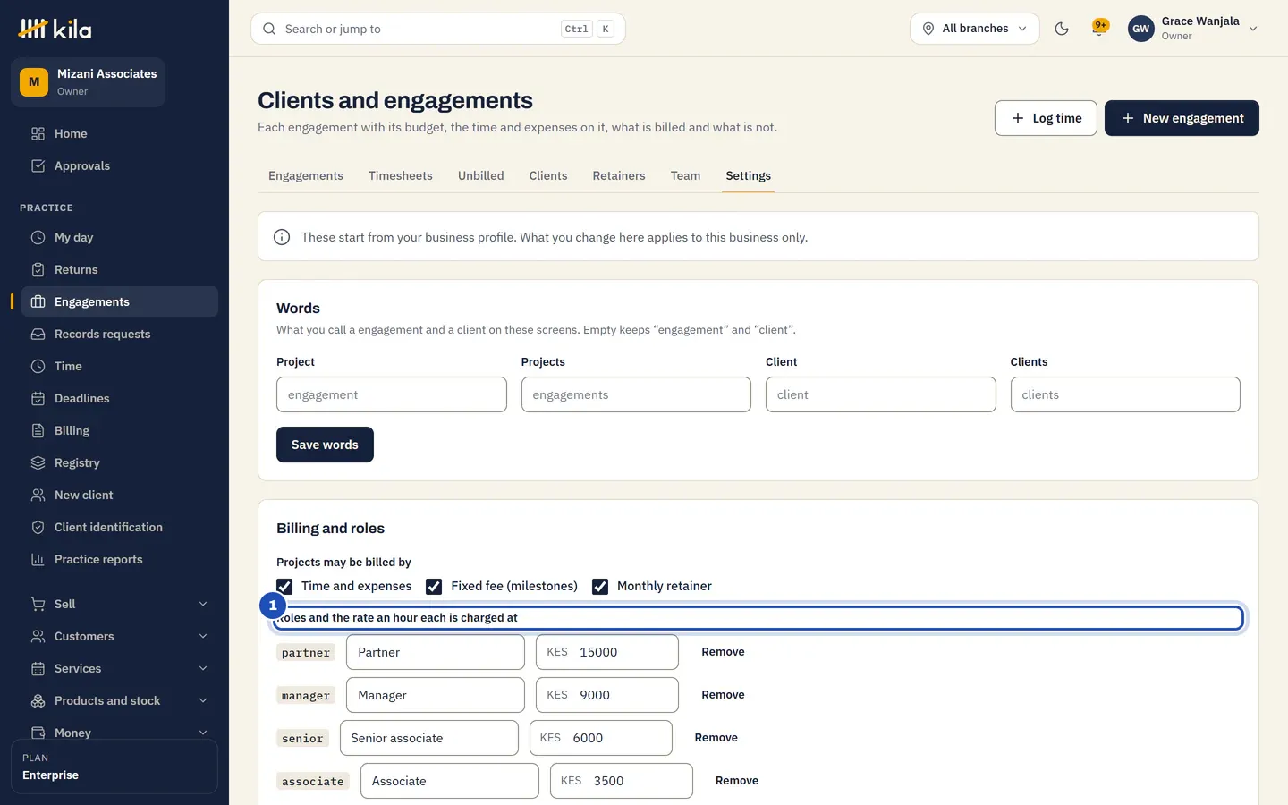 The Settings tab, seen by the owner: billing by time and expenses, fixed fee and monthly retainer, and Roles and the rate an hour each is charged at (1): partner KES 15,000, manager KES 9,000, senior associate KES 6,000 and associate KES 3,500.