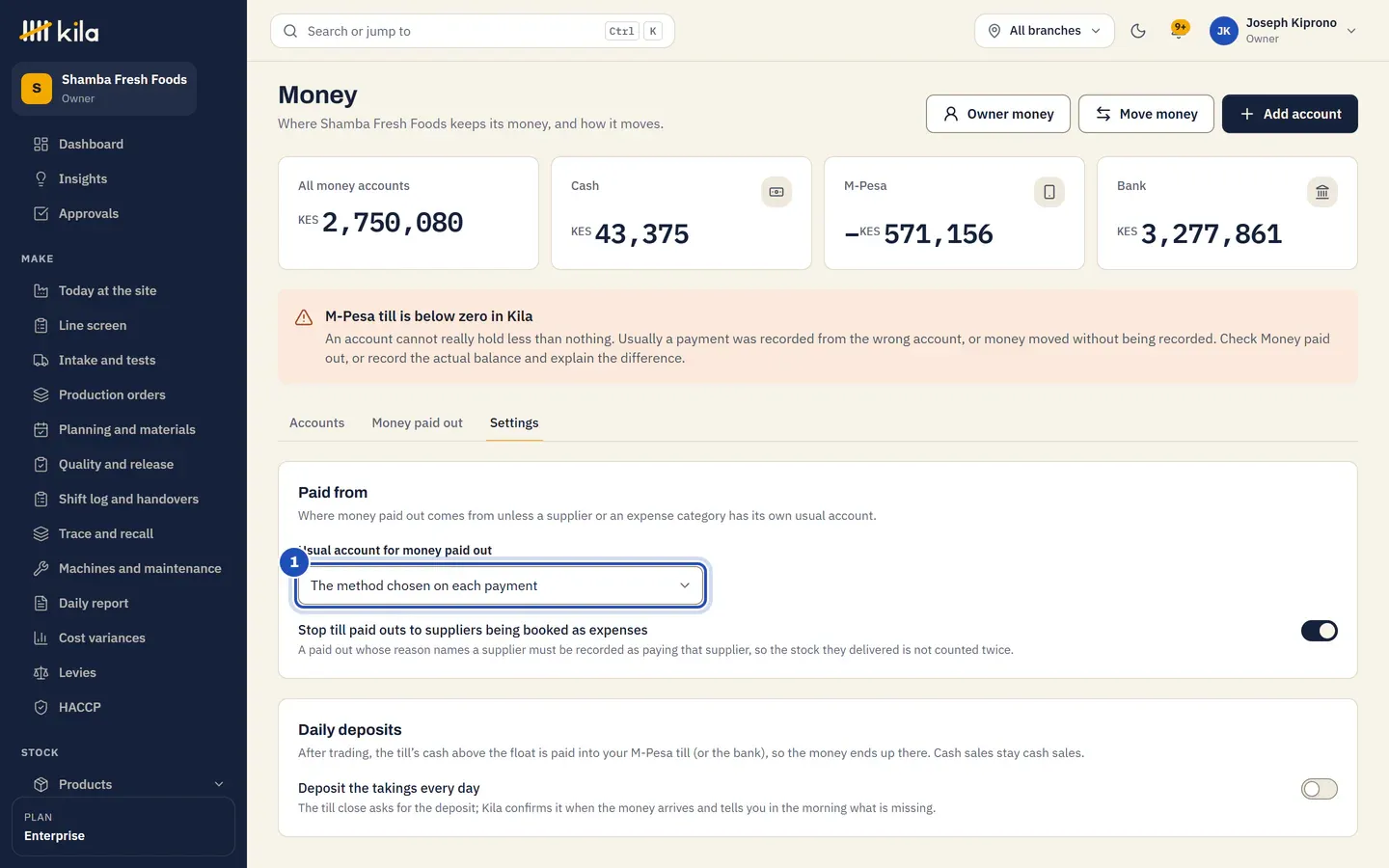 Money settings: Usual account for money paid out (1), and the switch for till paid outs to suppliers.