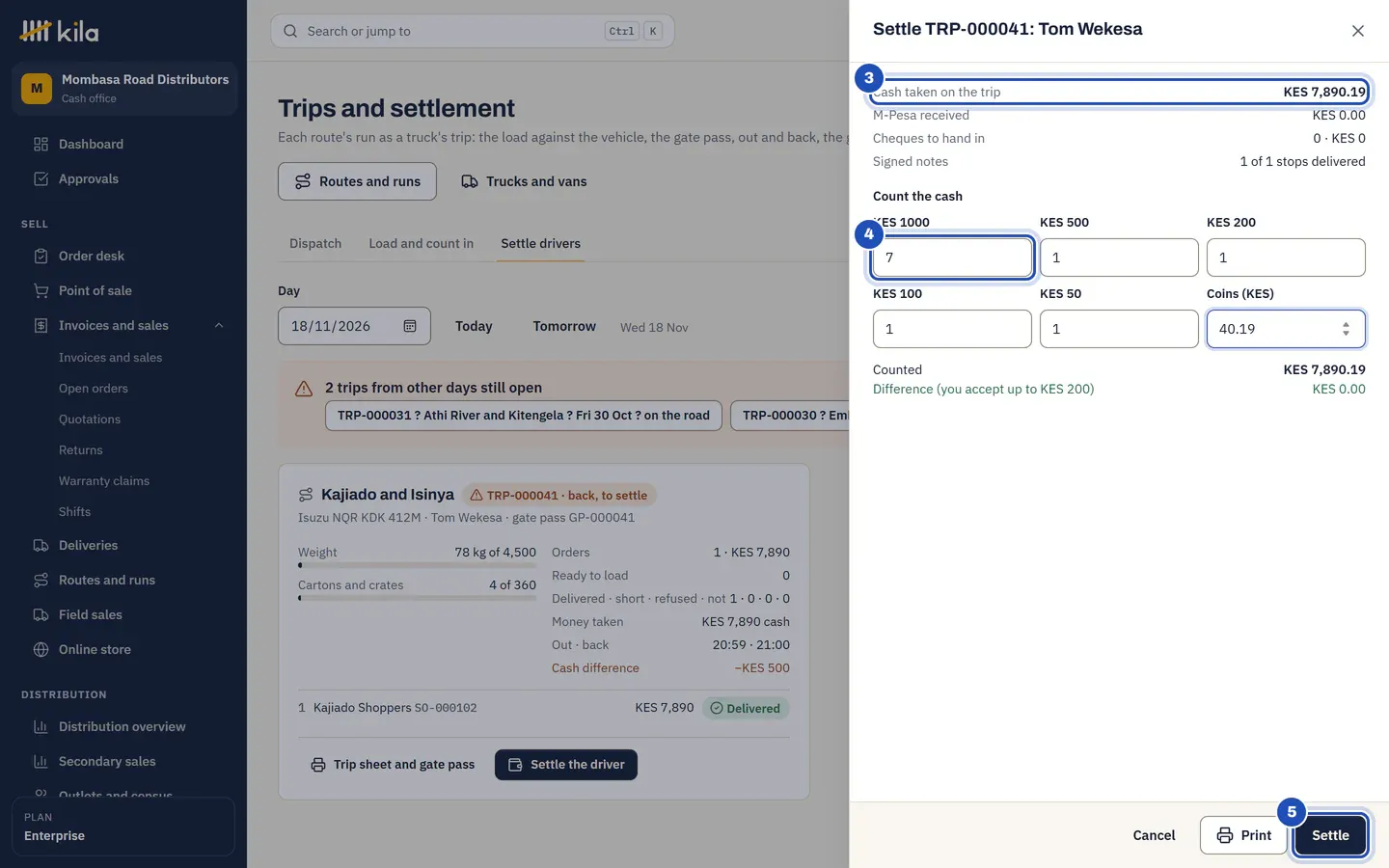 Settle the trip for Tom Wekesa: KES 7,890.19 cash taken on the trip (3), counted as seven KES 1,000 notes and one each of KES 500, 200, 100 and 50 and KES 40.19 in coins (4), a difference of KES 0.00, and Settle (5).