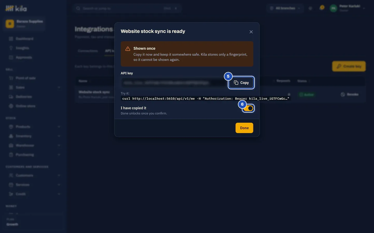 Website stock sync is ready: Shown once, the key itself hidden in this picture, Copy (5) and I have copied it (6).